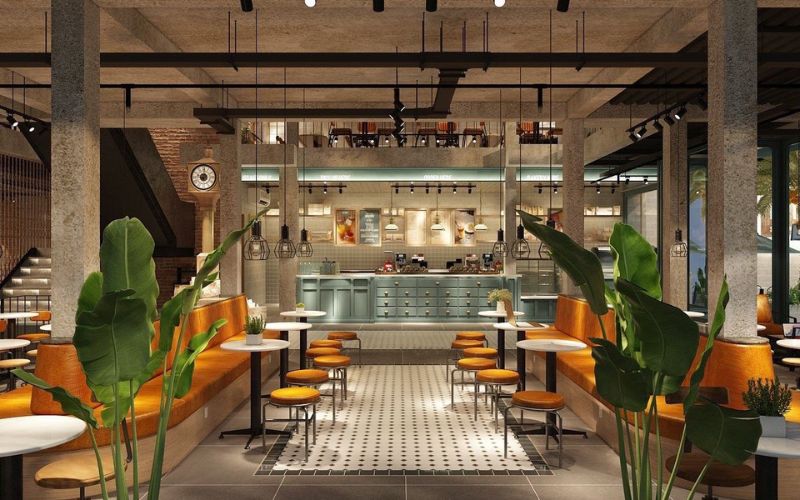 Quán cafe 80m2 Tropical sử dụng các gam màu nhiệt đới nổi bật