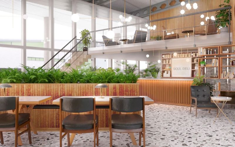 Quán cafe 2 tầng sân vườn phong cách tiền chế kèm tủ sách