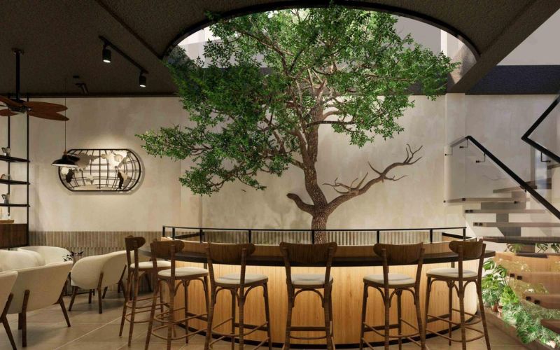 Quán cafe 100m2 đương đại cực nổi bật với thiết kế giếng trời