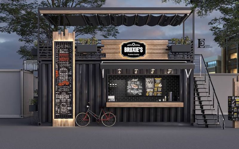 Quán cafe 2 tầng take away bằng container với gam màu đen tinh tế