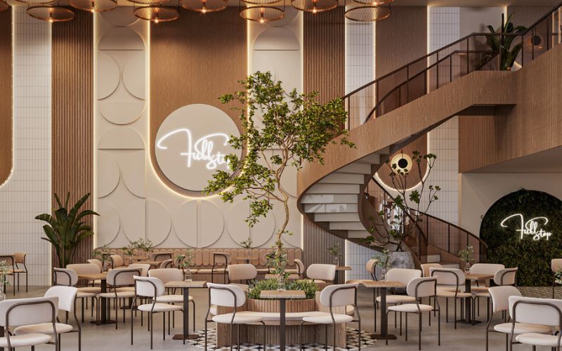 Quán cafe 2 tầng Tân cổ điển sang trọng, bố trí cây xanh tươi mát
