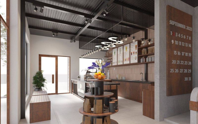 Quán cafe 5x20 phong cách Bắc Âu, nội thất tối giản, nhấn điểm đèn thả