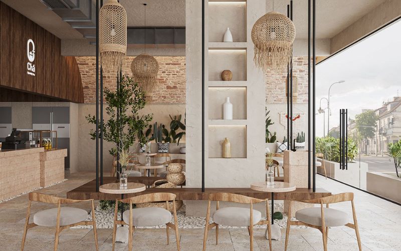 Quán cafe 5x20 nhiệt đới không gian mở, nhấn điểm đèn lồng thả