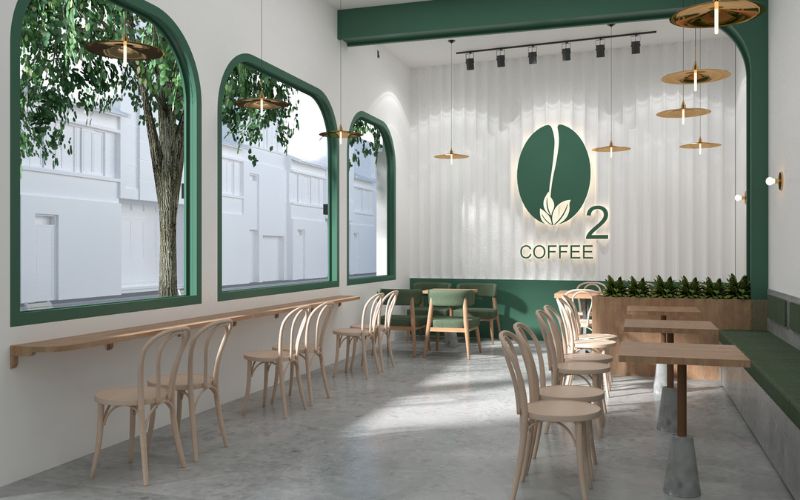 Quán cafe 5x20 tối giản kết hợp hai màu trắng - xanh cực thu hút