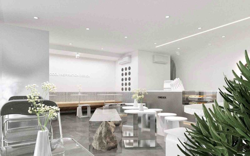 Quán cafe 40m2 phong cách hiện đại với gam màu trắng xám nổi bật
