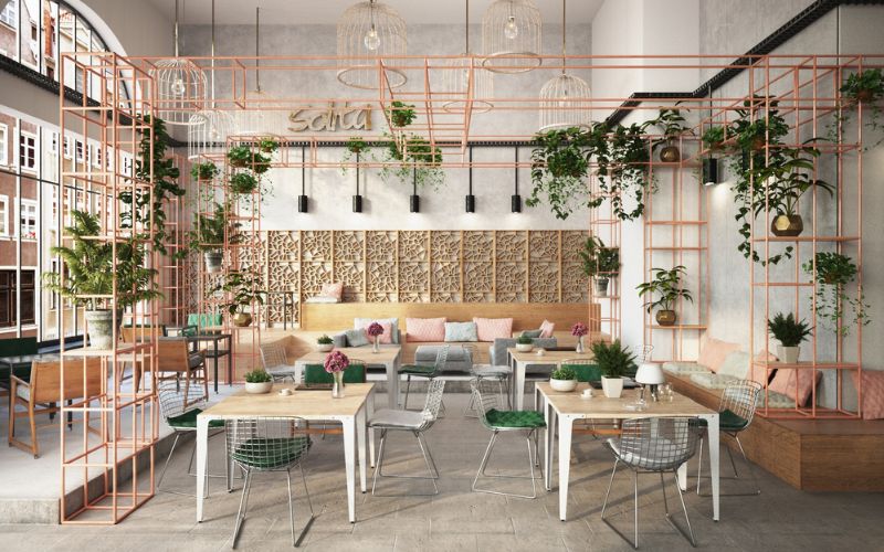 Quán cafe 40m2 khung thép tiền chế, trang trí các chậu cây xinh xắn