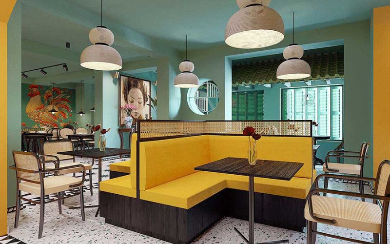 Quán cafe 40m2 phong cách Indochine với gam màu xanh rêu chủ đạo