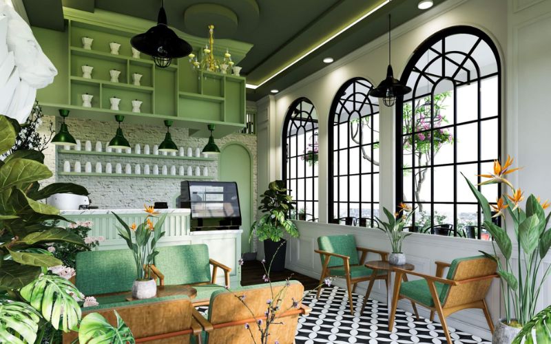 Quán cafe 40m2 Tân cổ điển kiểu Ý, nổi bật với cây xanh, hoa tươi