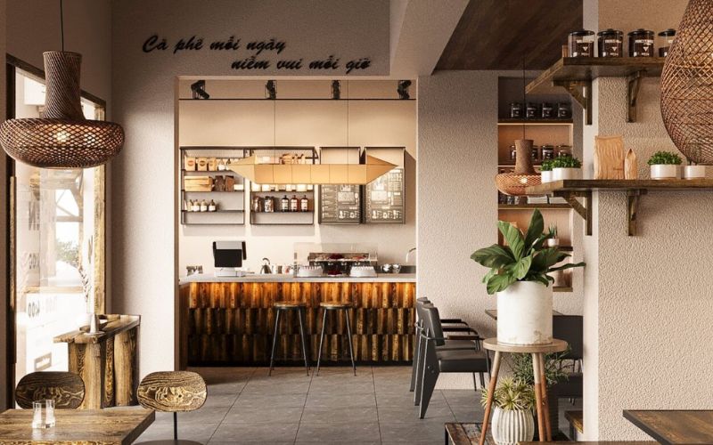 Quán cafe mặt tiền 5m phong cách tối giản, bố trí cây xanh thoáng mát