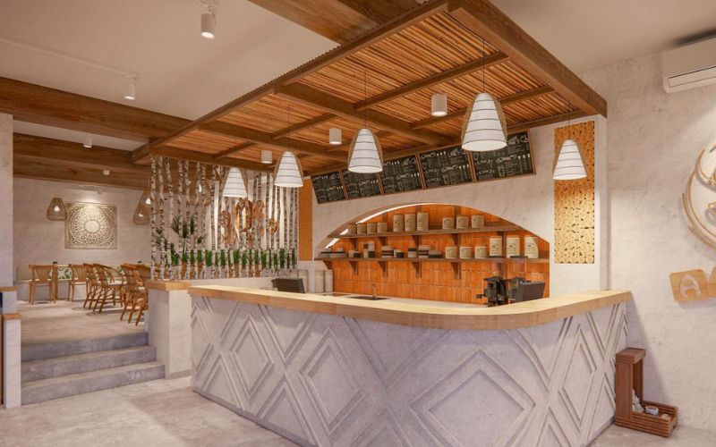 Quán cafe mặt tiền 5m phong cách Địa Trung Hải, nhấn điểm đèn thả