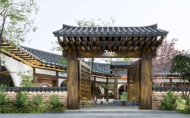 Cổng quán cà phê gỗ với thiết kế mang đậm nét văn hóa Hàn