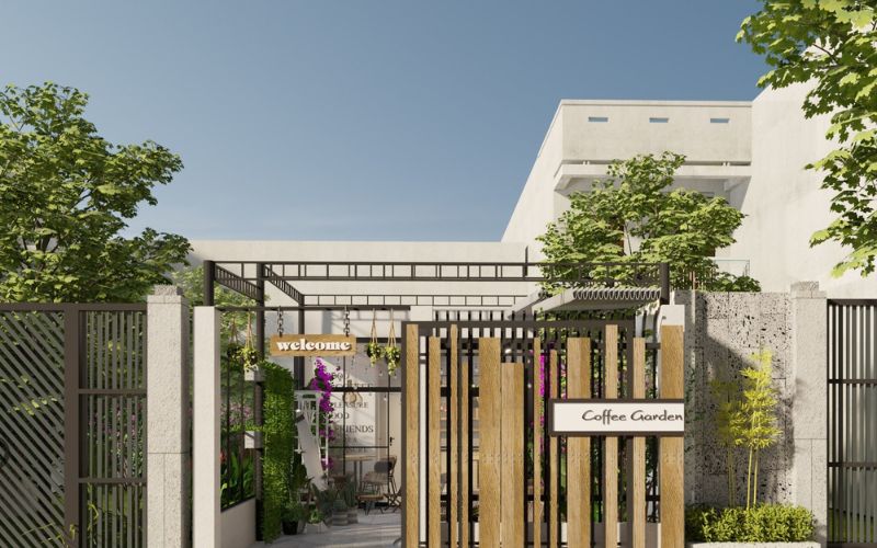 Mẫu cổng quán cà phê bằng nhựa giả gỗ mang lại vẻ đẹp thanh lịch