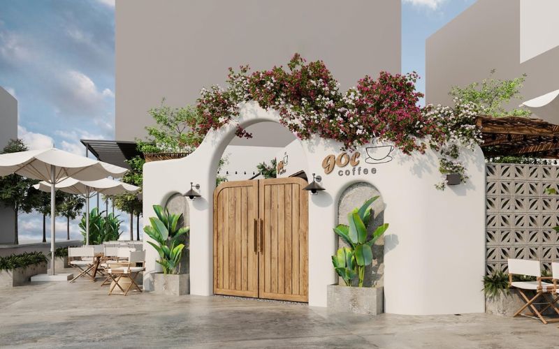 Cổng quán cà phê bằng gỗ phong cách hiện đại, trang trí hoa ấn tượng