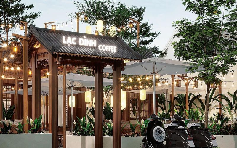 Cổng quán cà phê bằng gỗ phong cách Indochine cổ xưa