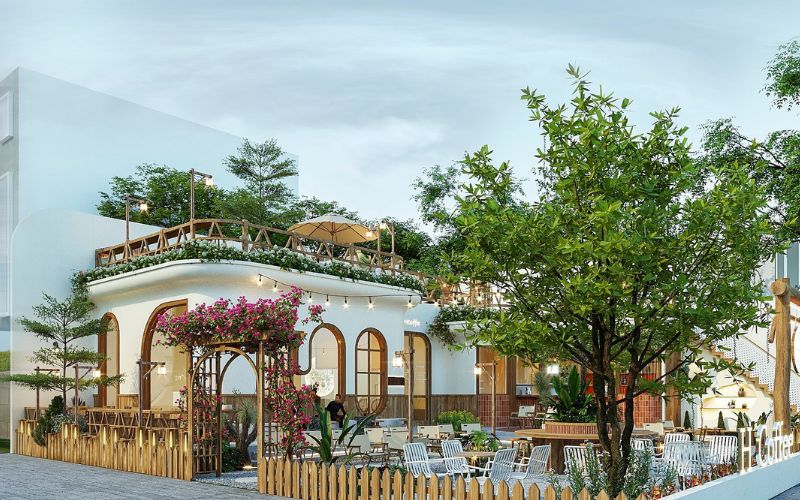 Trang trí thêm dàn hoa cho cổng quán thêm đẹp hơn