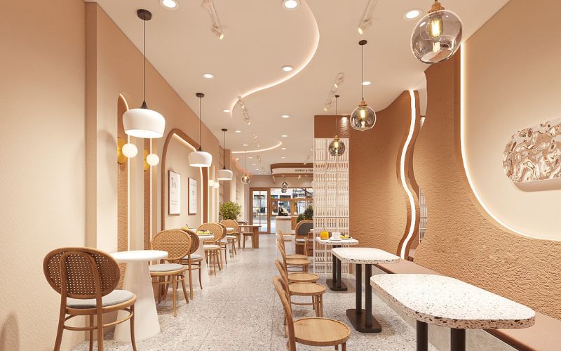 Quán cafe hàn quốc sử dụng nhiều hình khối làm nổi bật không gian quán