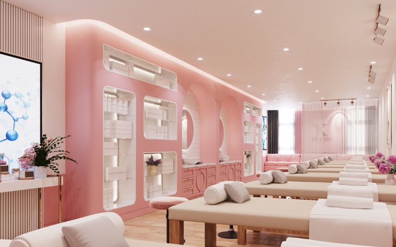 Spa màu hồng phối trắng phong cách hiện đại với nội thất sang trọng