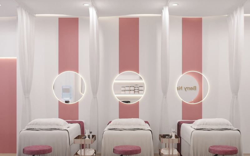 Spa màu hồng phối trắng phong cách tối giản mang lại cảm giác nhã nhặn