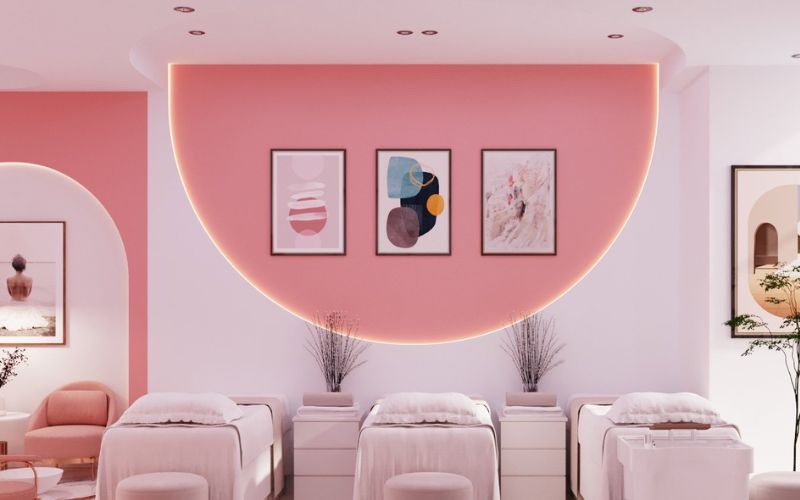 Spa màu hồng phối trắng phong cách hiện đại mang đến vẻ đẹp nhẹ nhàng