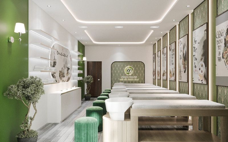 Mẫu spa gội đầu dưỡng sinh hàn với màu sắc đồng bộ logo thương hiệu