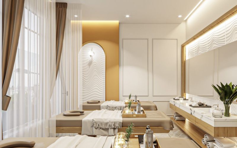 Spa gội đầu tân cổ điển Châu Âu phối gam màu trắng, vàng tinh tế