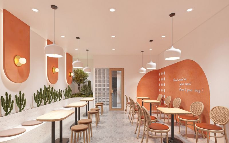 Quán cafe hàn quốc hiện đại với gam màu cam đất cực ấn tượng