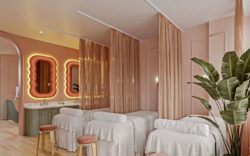 Spa massage màu hồng nhạt với thiết kế rèm che riêng tư