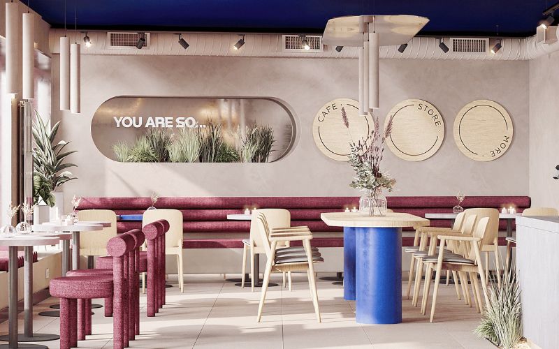 Quán cafe hàn quốc hiện đại màu hồng nhạt, nội thất gỗ thanh lịch