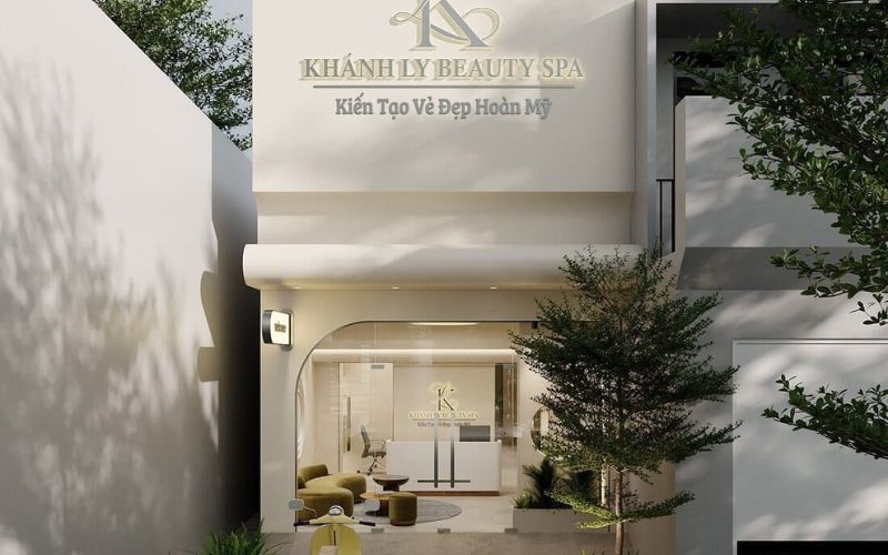 Mặt tiền spa phong cách tối giản với gam màu be nhã nhặn