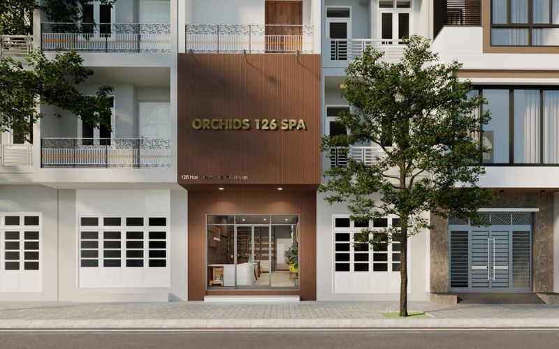 Mặt tiền spa phong cách tối giản màu nâu trầm, tạo cảm giác thân thuộc
