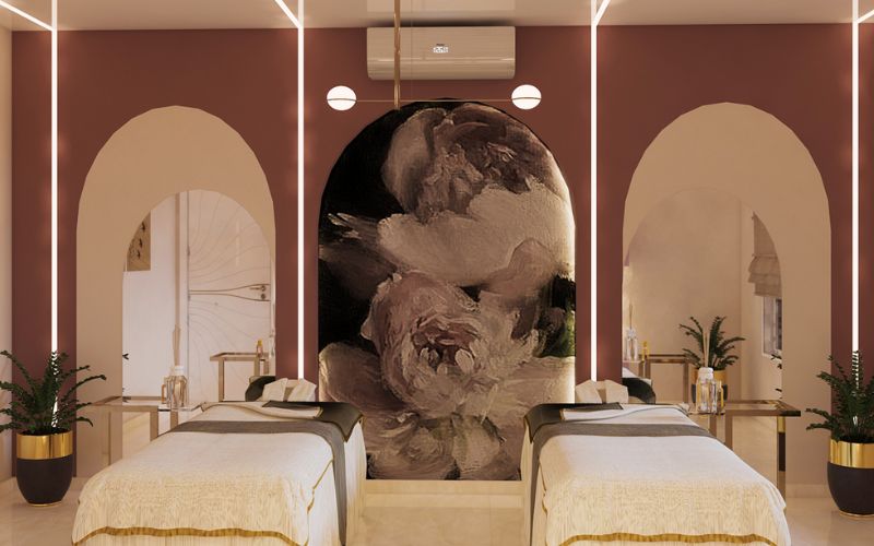 Spa mini màu hồng Tân cổ điển bố trí gương tạo cảm giác rộng thoáng