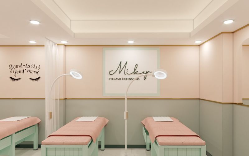 Spa phun xăm màu hồng phối xanh lá phong cách hiện đại tinh tế