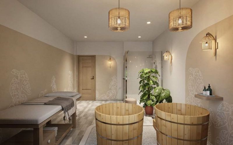Spa gội đầu kết hợp ngâm bồn kiểu hàn vintage nội thất gỗ chủ yếu