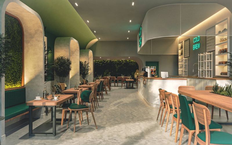 Quán cafe hàn quốc decor cây xanh tạo cảm giác thoáng đãng