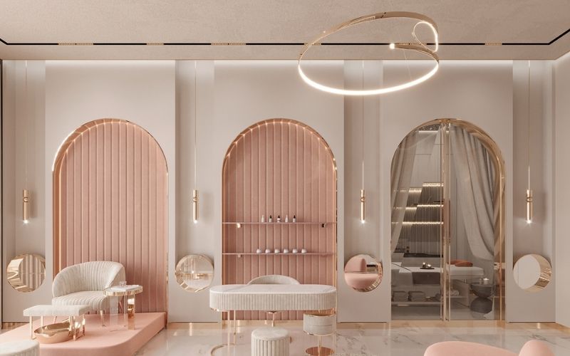 Spa nail màu hồng phối xám phong cách Tân cổ điển xa hoa