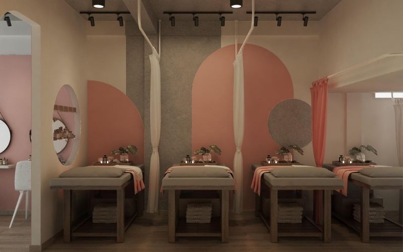 Spa gội đầu màu hồng phối màu xám với nội thất bố trí khoa học