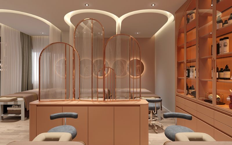 Spa gội đầu kiểu hàn sang trọng gam màu cam, bố trí đèn cảm ứng