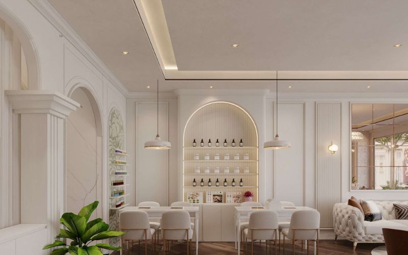 Spa nail tân cổ điển màu trắng sữa, trang trí cây xanh thoáng mát