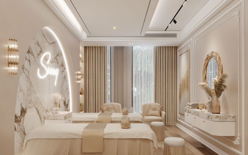 Spa massage tân cổ điển màu vàng kim, hệ thống đèn cảm ứng xa hoa