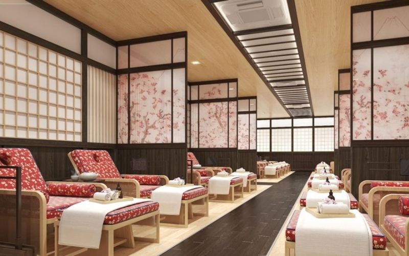 Spa nail Nhật phong cách Zen với đệm lót họa tiết anh đào bắt mắt