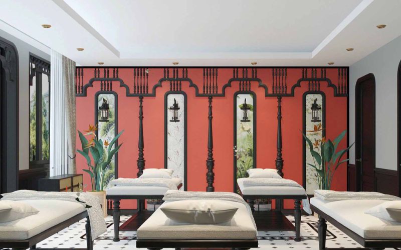 Spa massage tân cổ điển màu đỏ nâu, bố trí cây xanh thông thoáng