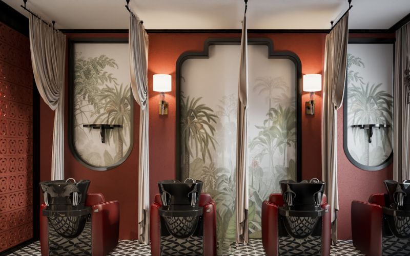 Spa gội đầu tân cổ điển màu đỏ nâu đem lại cảm giác thư giãn