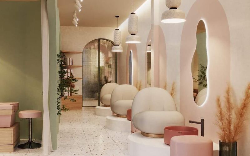 Spa nail phong cách hàn quốc phối màu xanh rêu, hồng pastel năng động
