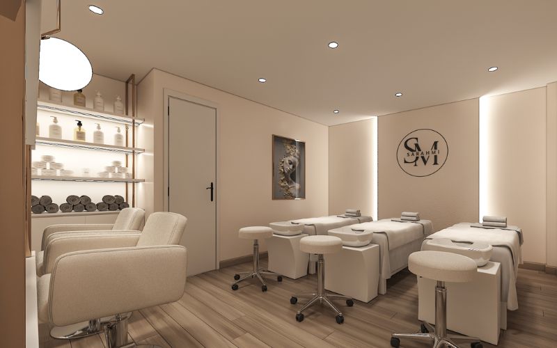 Spa gội đầu phong cách hàn quốc với gam màu trắng kem trẻ trung