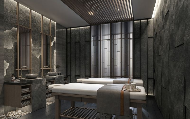 Spa masage kiểu Nhật hiện đại với gam màu xám trầm sang trọng