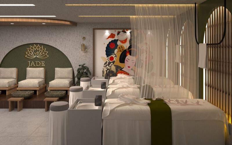 Spa Nhật kết hợp gội đầu, nail với gam màu xám gạch tinh tế