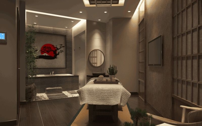 Spa gội đầu truyền thống kiểu Nhật với gam màu xám nâu nhã nhặn