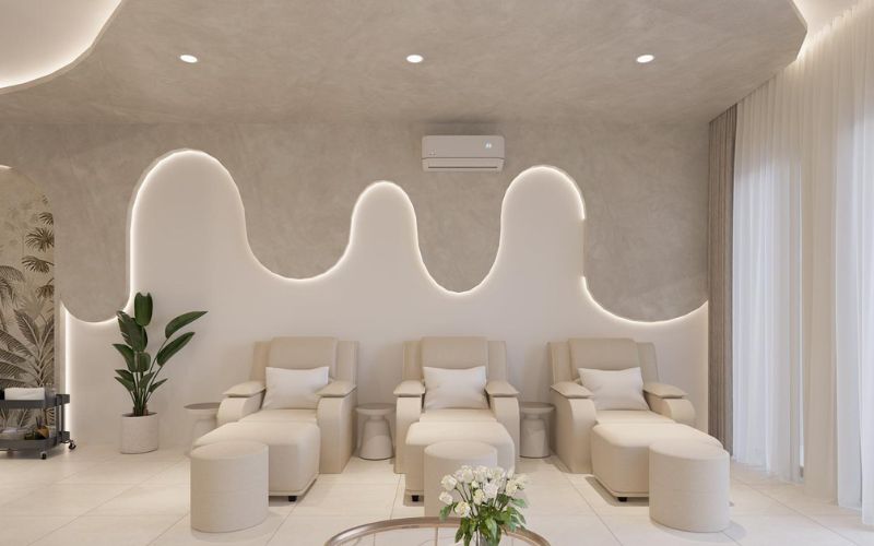 Mẫu spa Bắc Âu bố trí ghế massage giúp khách hàng thư giãn