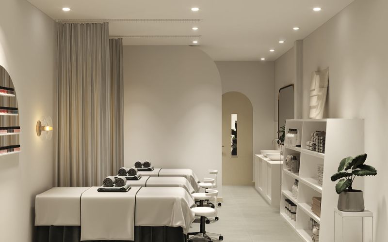 Mẫu spa massage phong cách Bắc Âu với gam màu trắng xám tinh tế