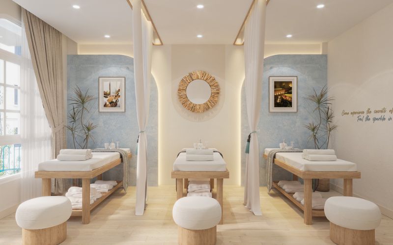 Mẫu spa massage hiện đại màu be và xanh tạo cảm giác phóng khoáng